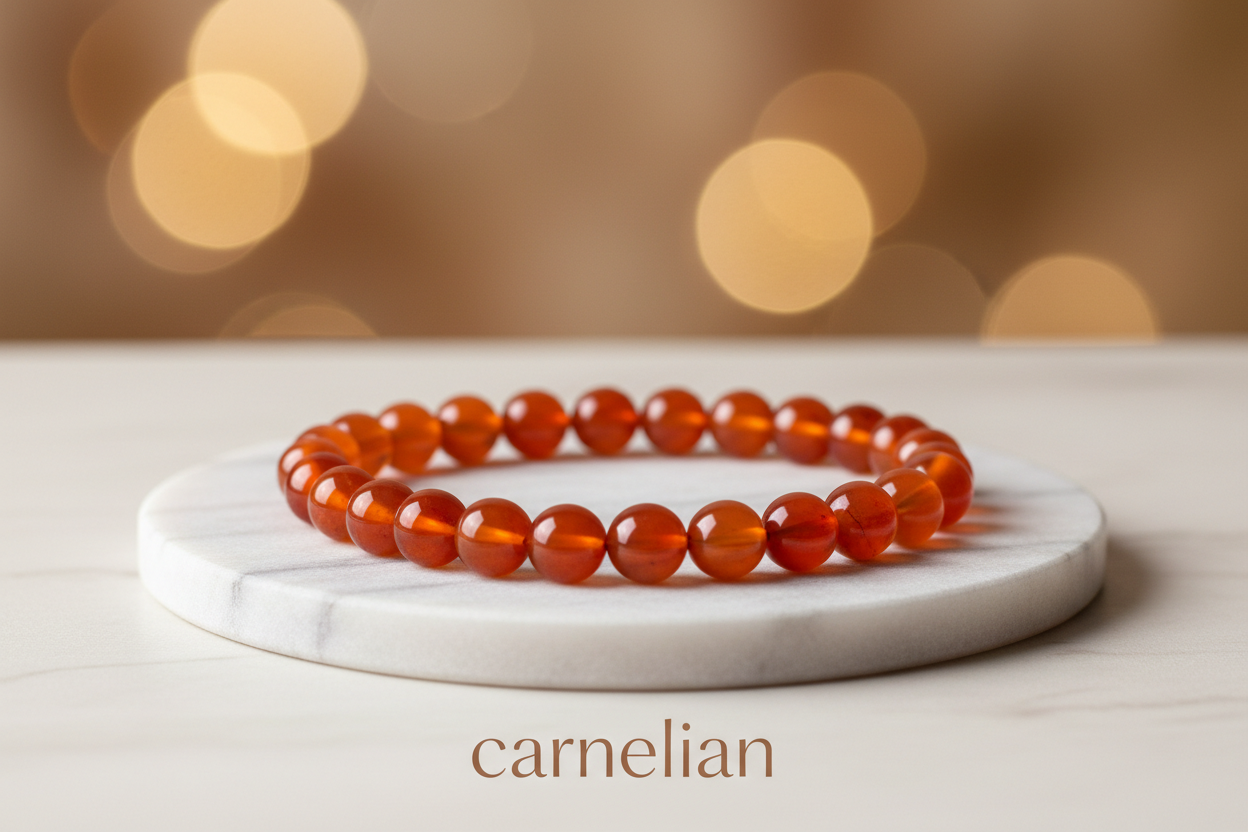 Carnelian bracelet 8mm round beads on marble flat stand in the middle with holistic soft background with carnelian written
