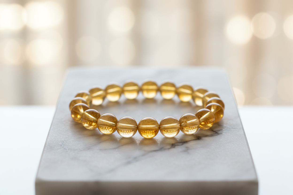 citrin crystal bracelet 8mm round beads on marble flat stand in the middle with holistic soft background