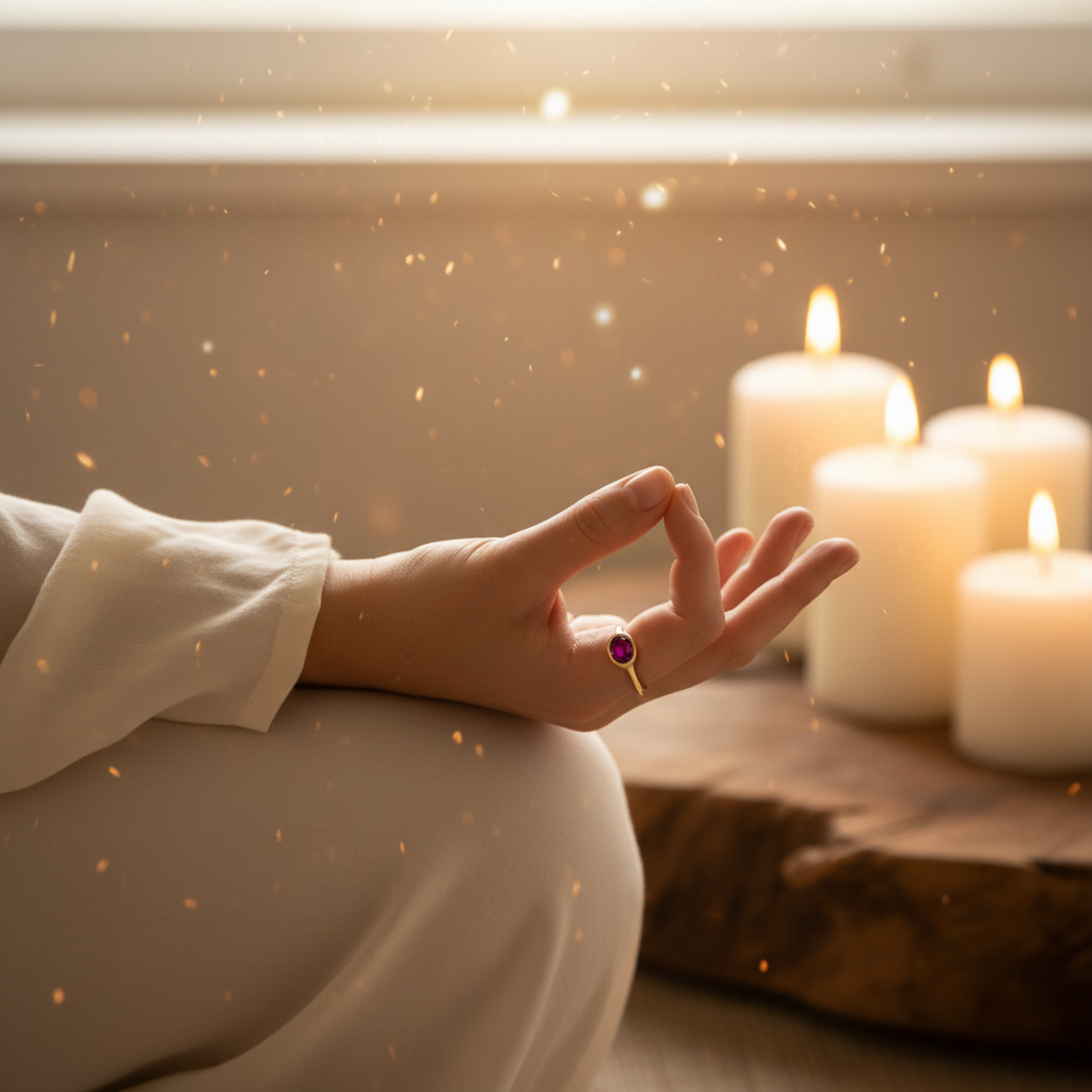 Delicate Ruby Ring on Ring Finger