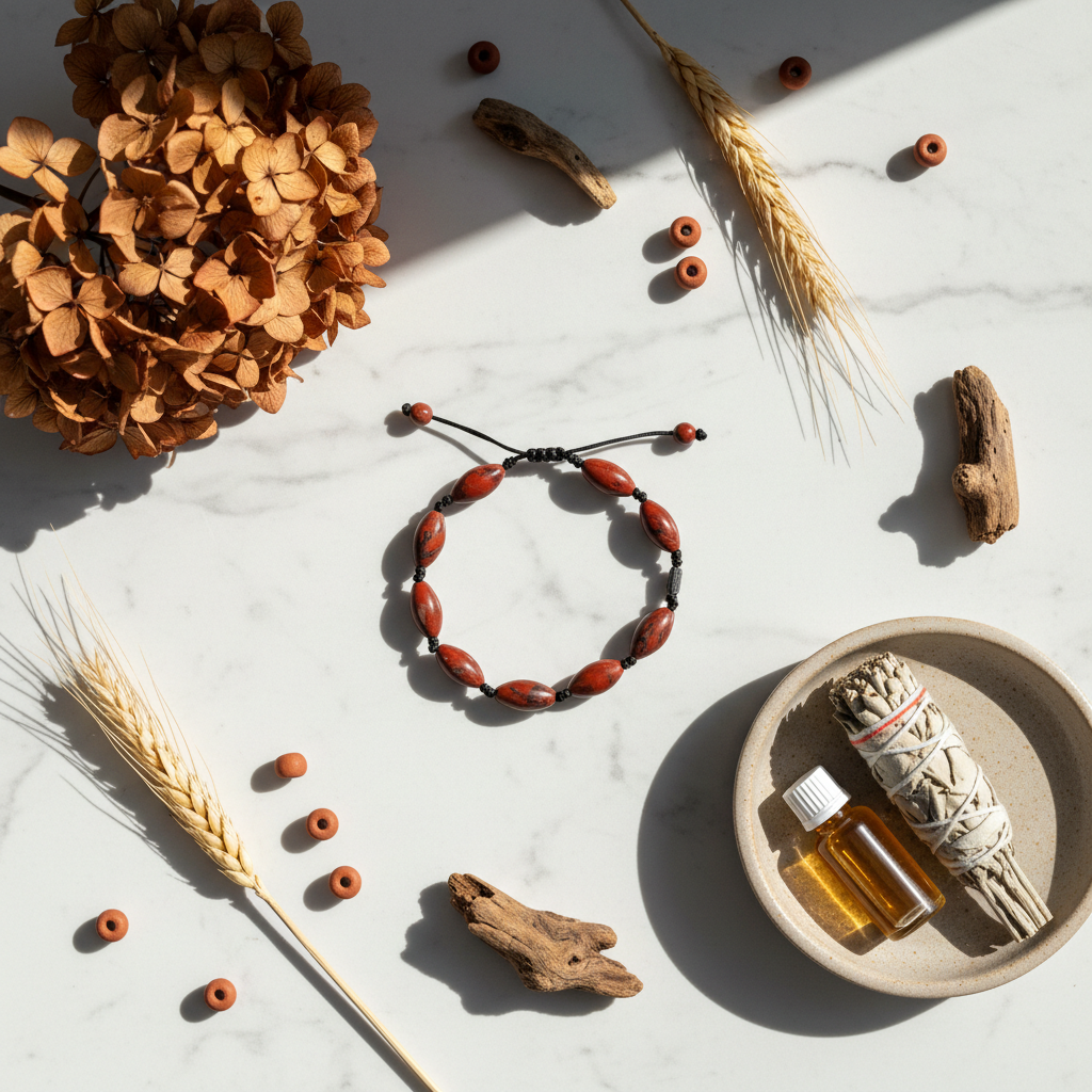 Red jasper bracelet flat lay with earthy elements