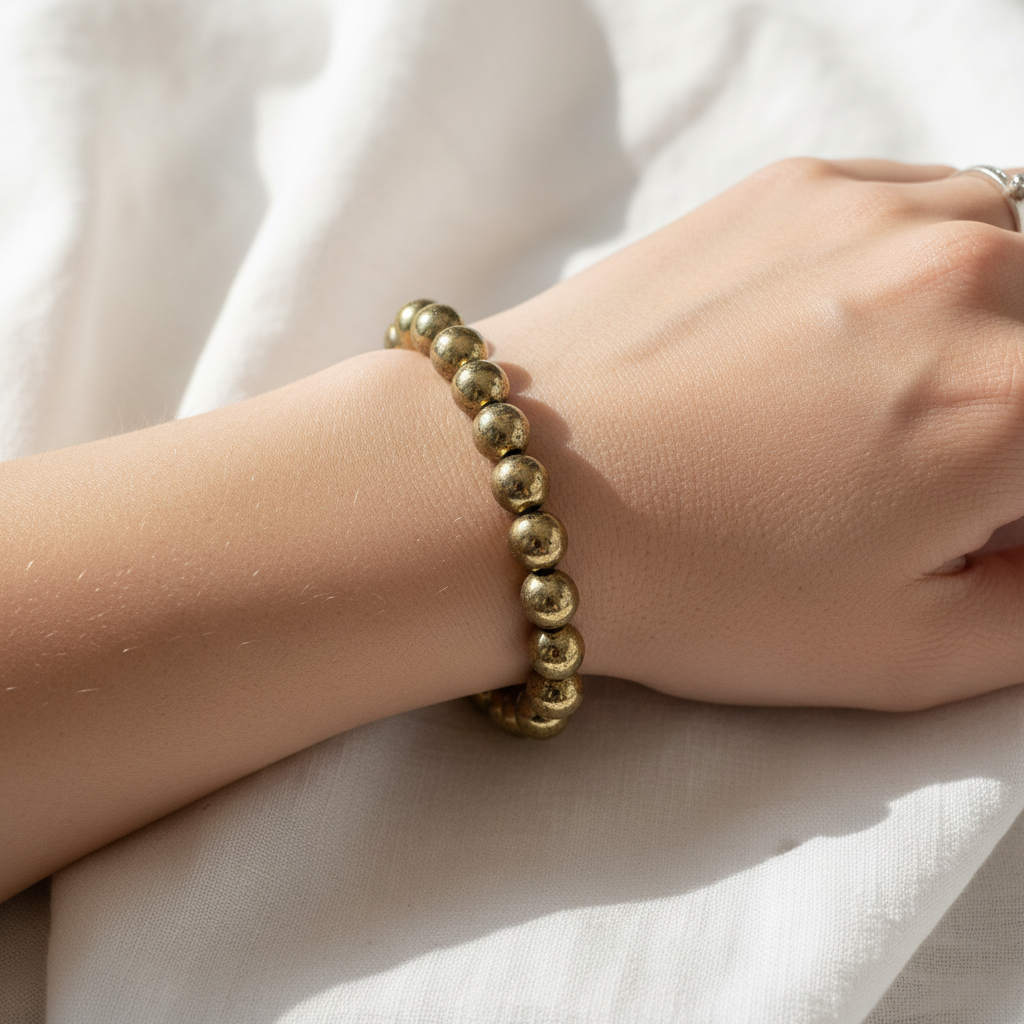 Pyrite crystal bracelet worn on wrist - lifestyle shot