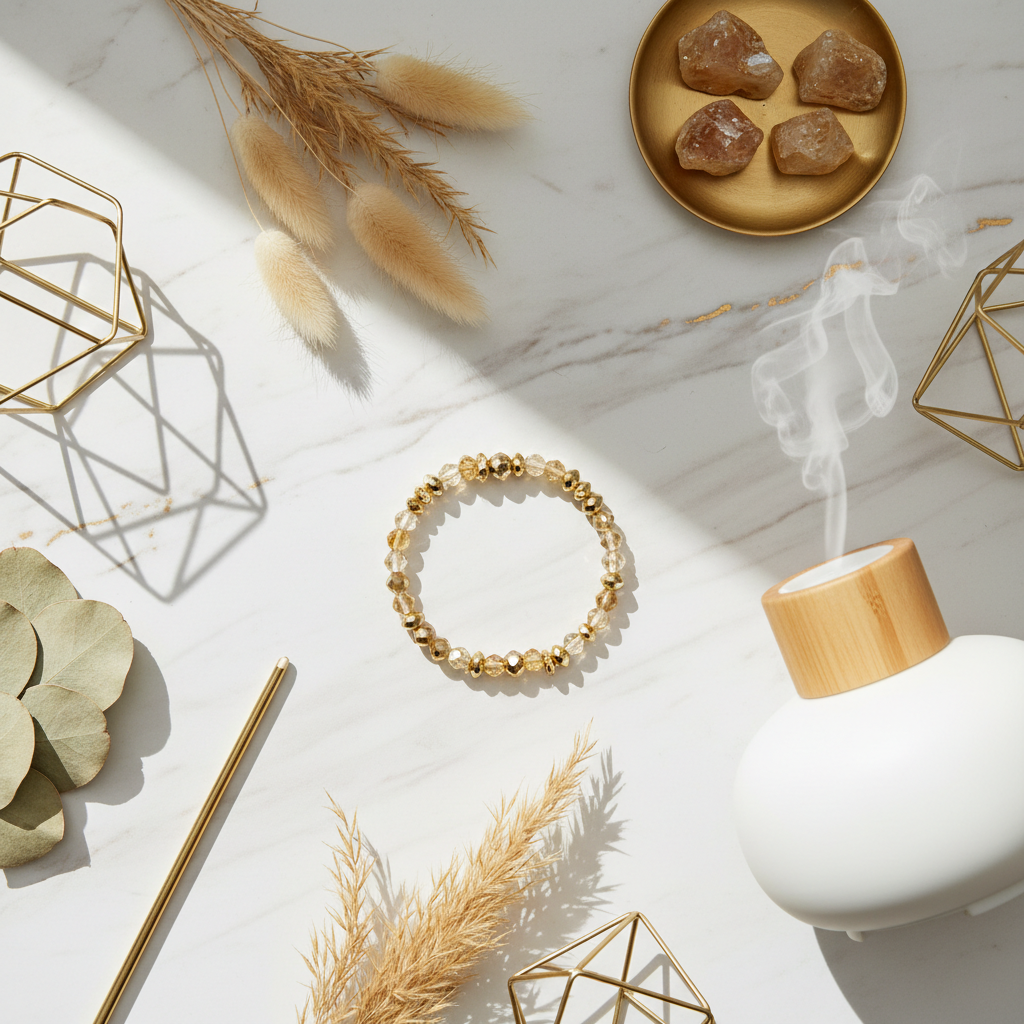 Citrine bracelet flat lay with gold accents