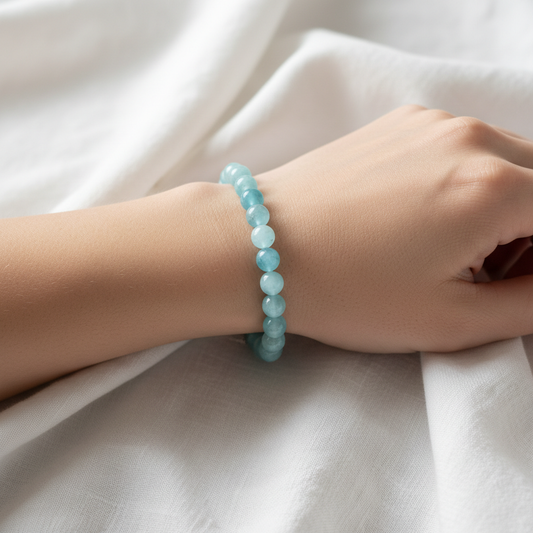 Aquamarine crystal bracelet worn on wrist - lifestyle shot