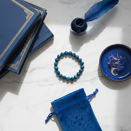 Azurite bracelet flat lay with blue elements