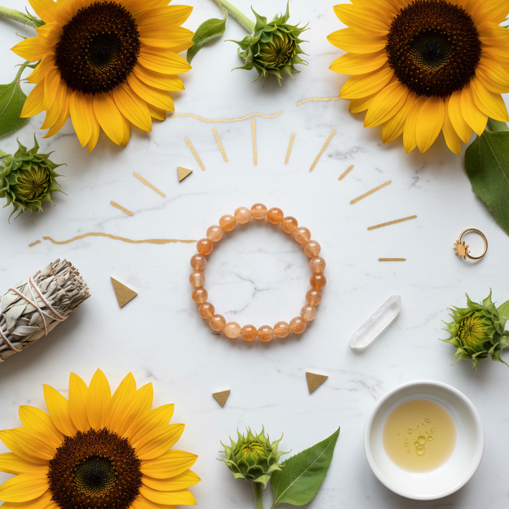 Sunstone bracelet flat lay with golden accents
