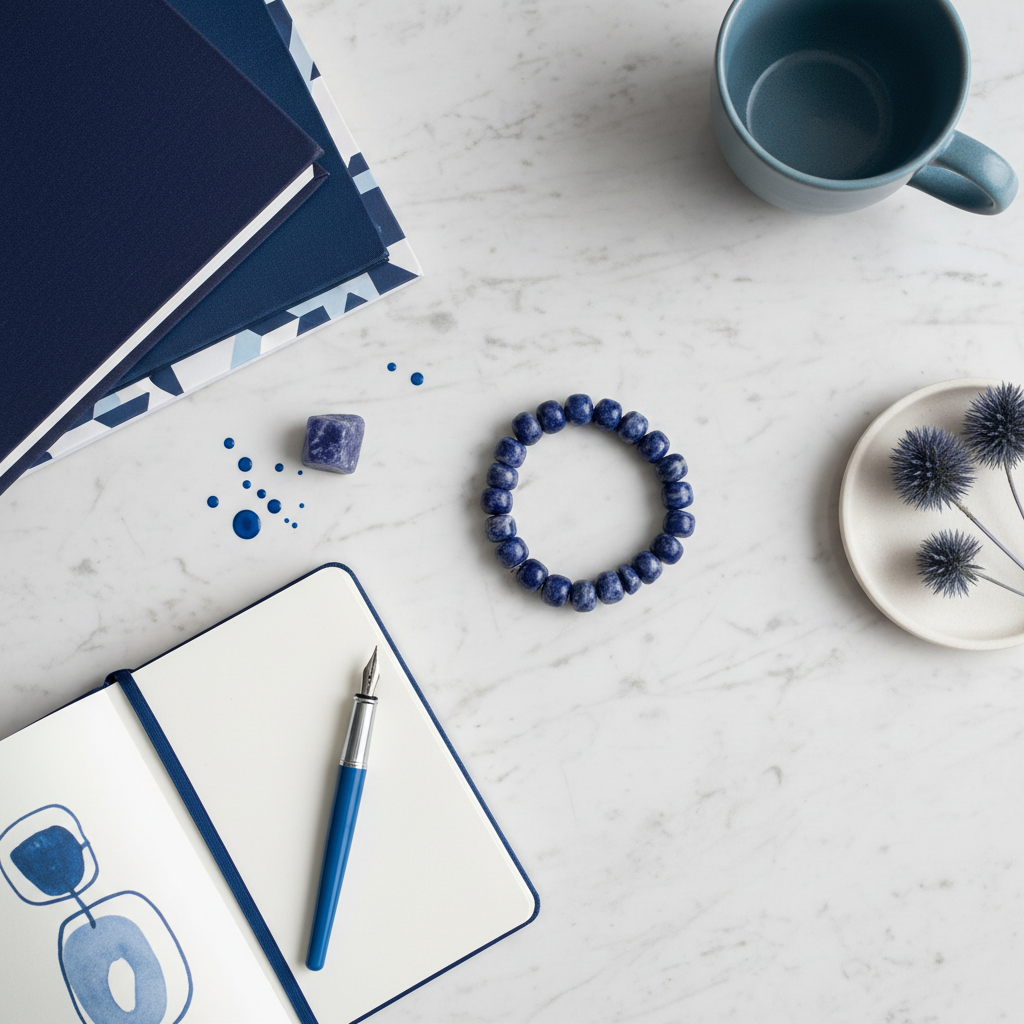 Sodalite bracelet flat lay with blue elements