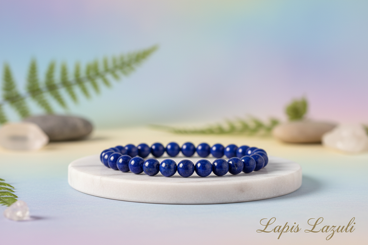 Lapis Lazuli single bracelet 8mm round beads on marble flat stand in the middle with holistic soft background with lapis lazuli written