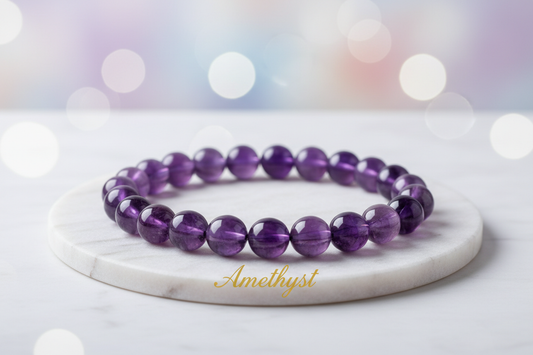 Amethyst single bracelet 8mm round beads on marble flat stand in the middle with holistic soft background with Amethyst written