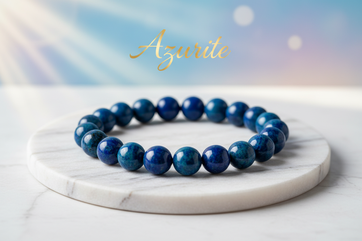 Azurite bracelet 8mm round beads on marble flat stand in the middle with holistic soft background with Azurite written