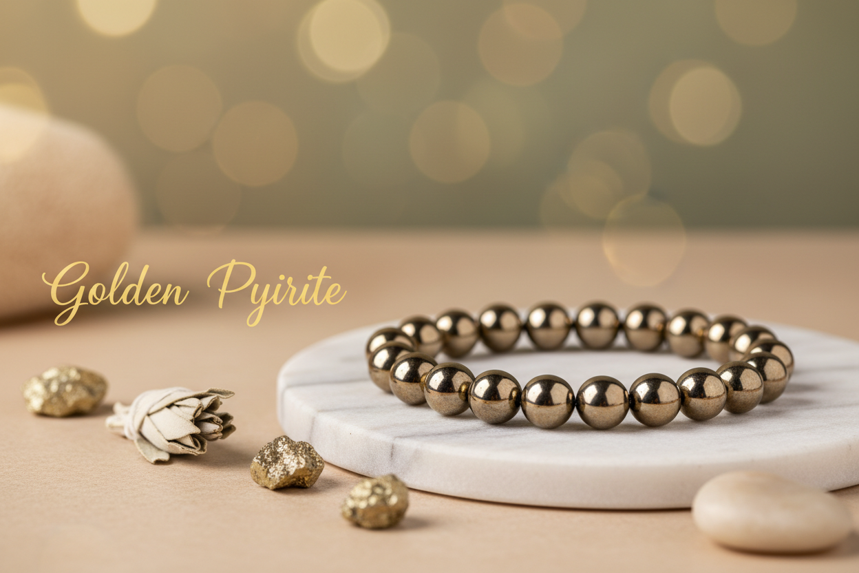 Golden Pyrite crystal one bracelet in 8mm round beads on marble flat stand with soft holistic background with Golden pyrite written