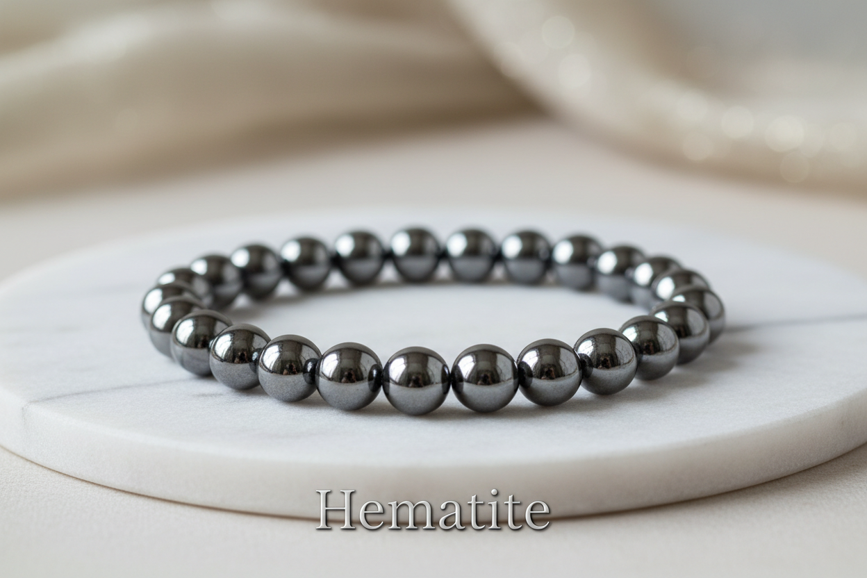 Hematite single bracelet 8mm round beads on marble flat stand in the middle with holistic soft background with Hematite written