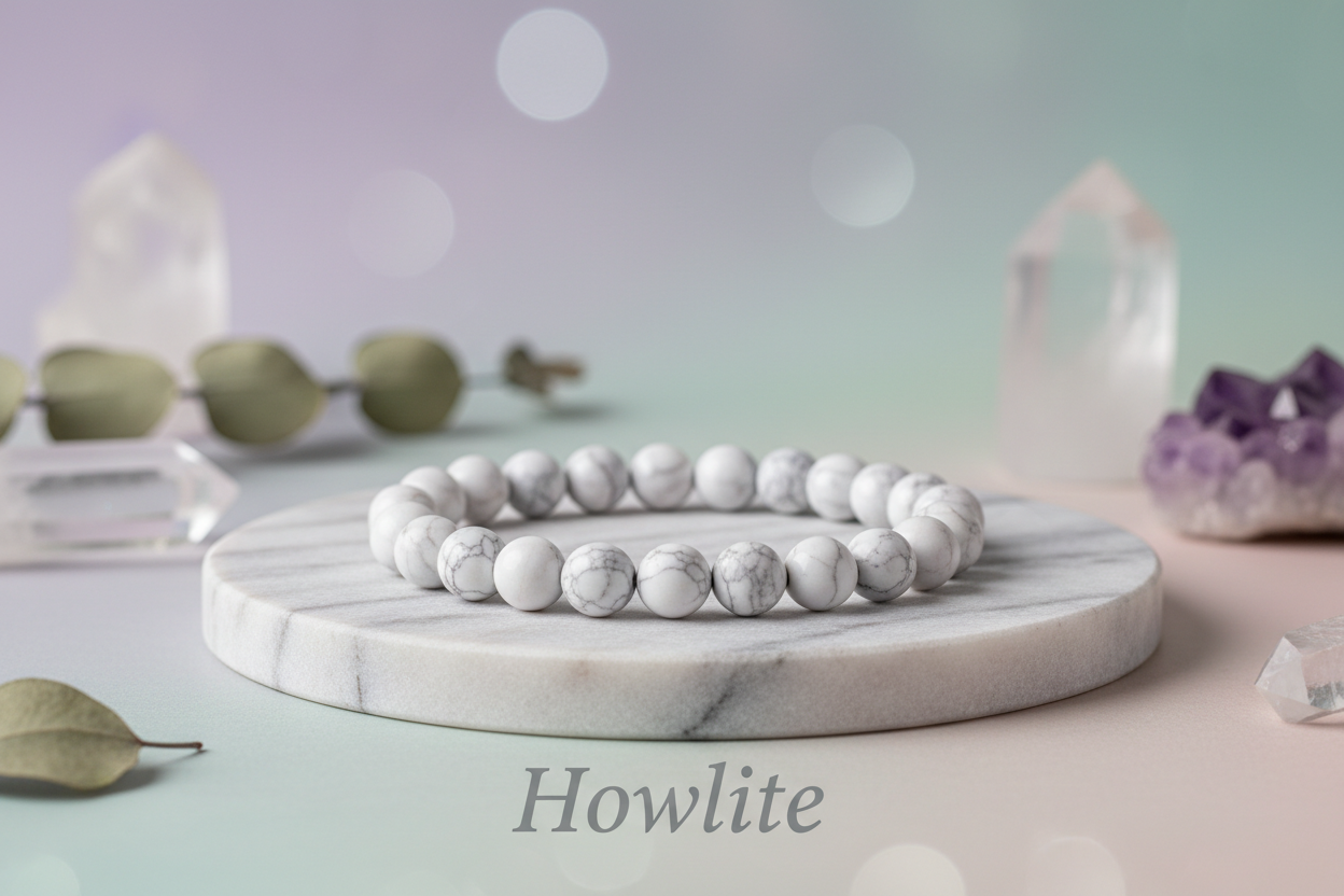 Howlite single bracelet 8mm round beads on marble flat stand in the middle with holistic soft background with Howlite written