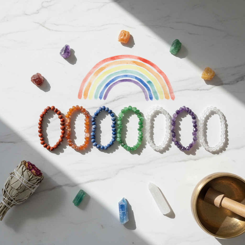 Seven chakra bracelet flat lay with rainbow elements