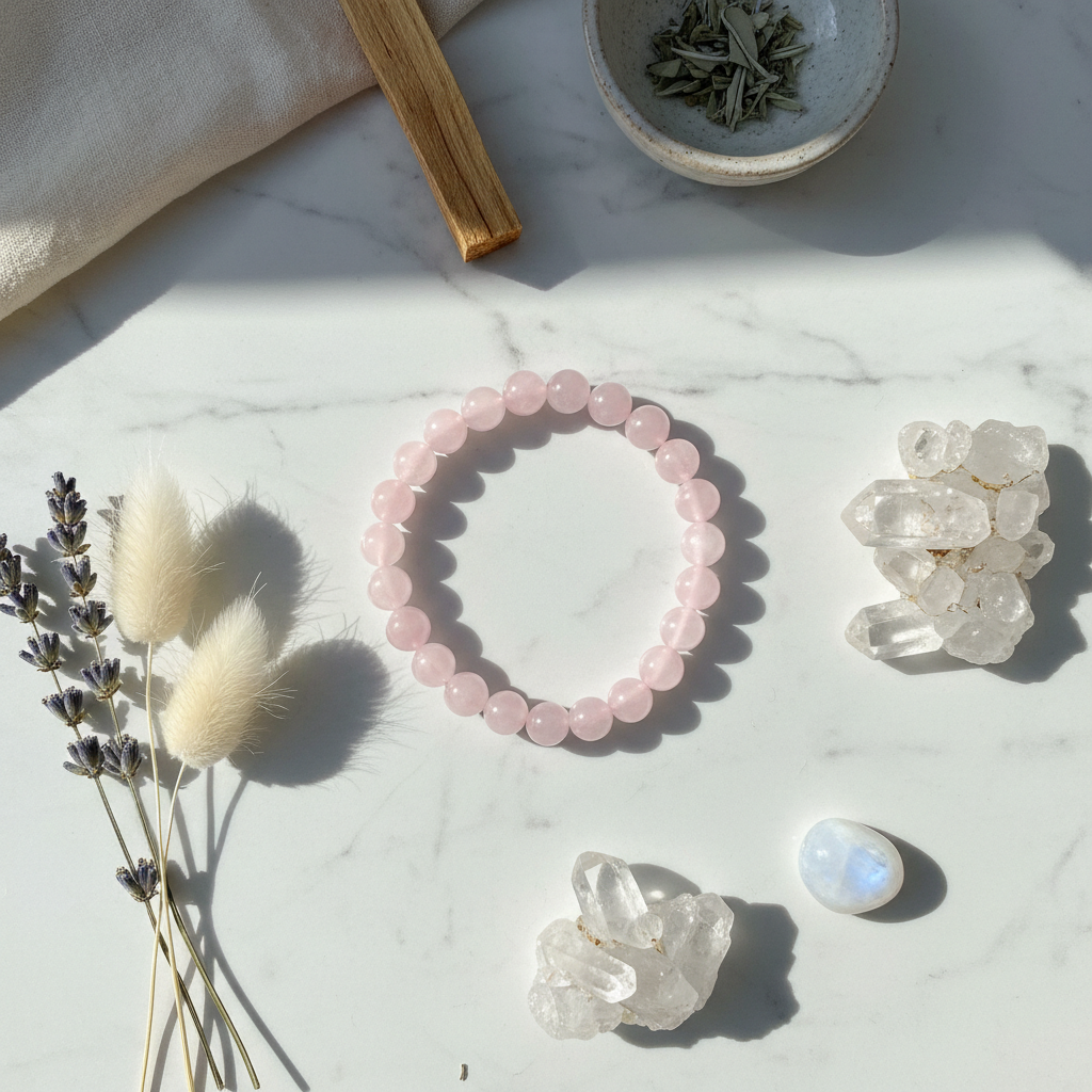 Rose quartz bracelet flat lay with crystals and flowers