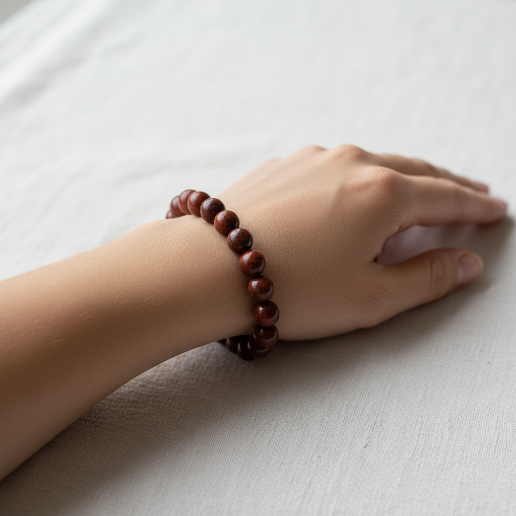 Red jasper crystal bracelet worn on wrist - lifestyle shot
