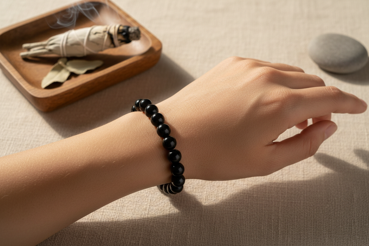 Woman wearing Black Agate crystal bracelet on wrist - lifestyle shot