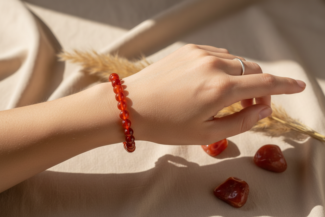 Woman wearing Carnelian crystal bracelet on wrist - lifestyle shot