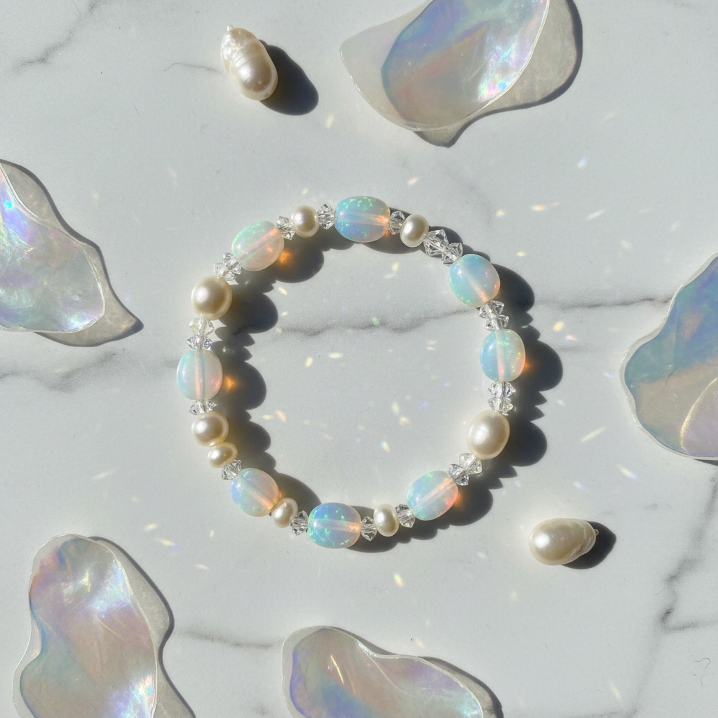 Opal bracelet flat lay with iridescent elements
