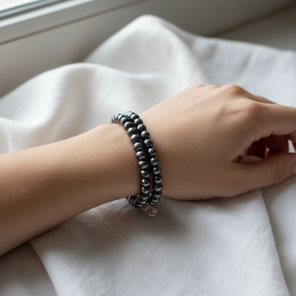 Hematite crystal bracelet worn on wrist - lifestyle shot