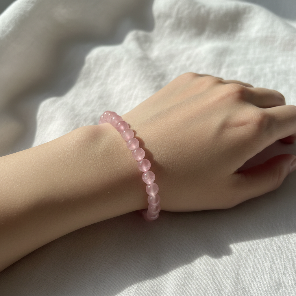 Rose quartz crystal bracelet worn on wrist - lifestyle photography