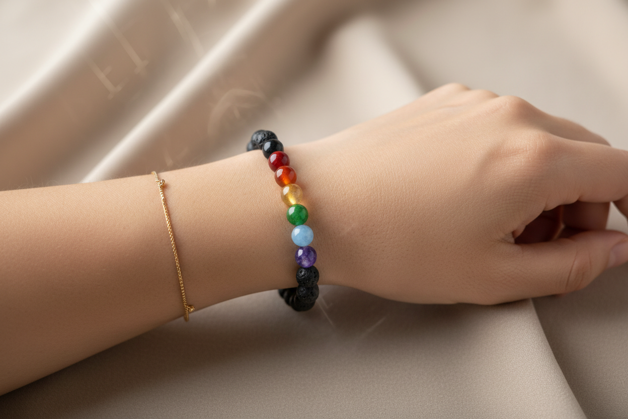 Woman wearing Lava Seven Chakra crystal bracelet on wrist - lifestyle shot