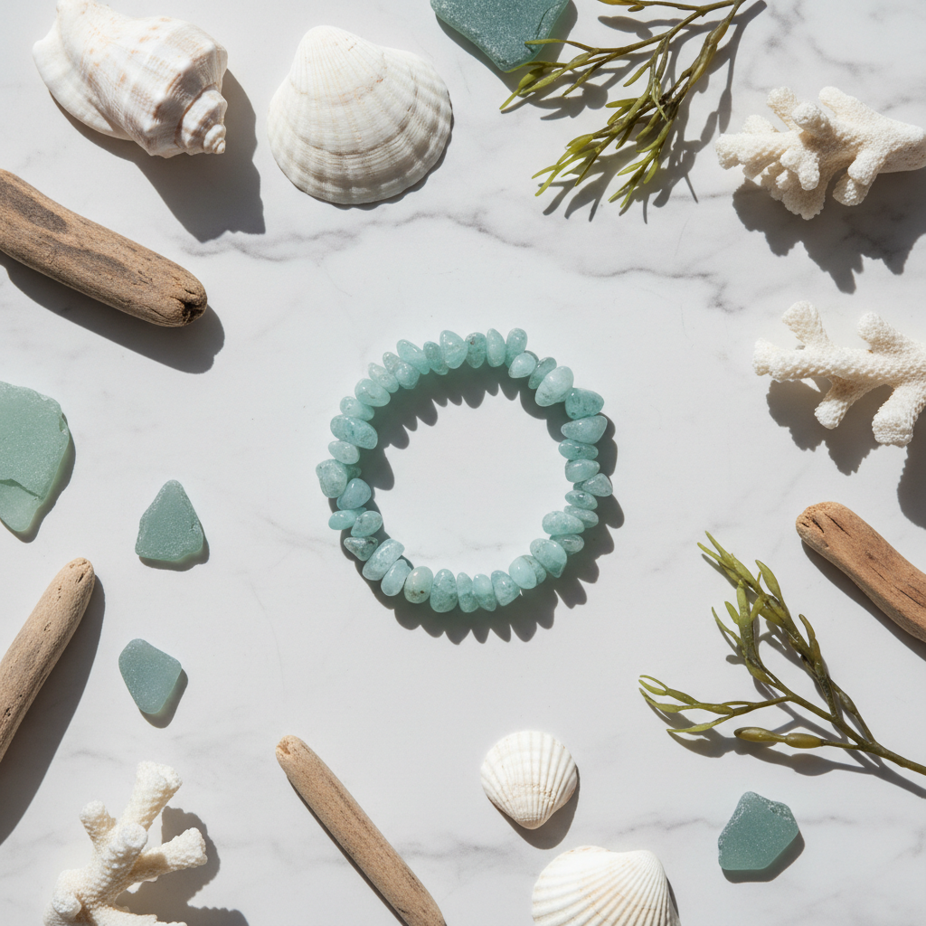 Aquamarine bracelet flat lay with ocean elements