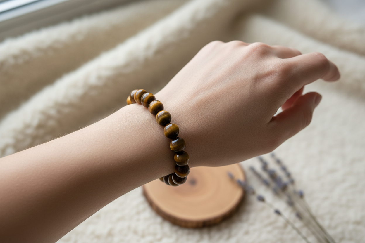 Woman wearing Tiger Eye crystal bracelet on wrist - lifestyle shot