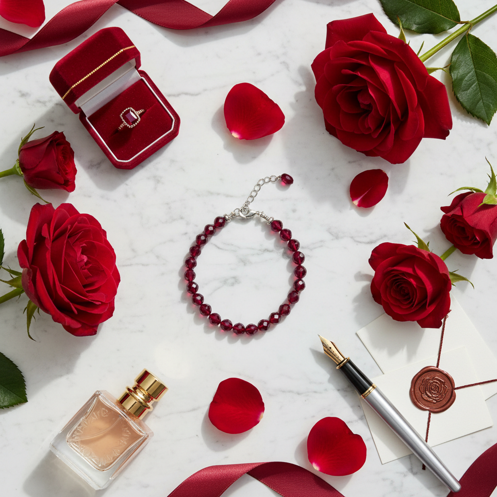 Ruby bracelet flat lay with red roses