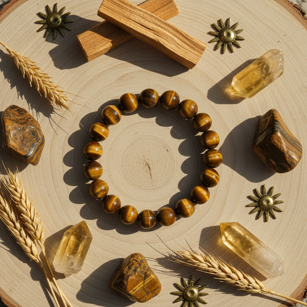 Tiger Eye crystal bracelet flat lay with natural elements and golden crystals