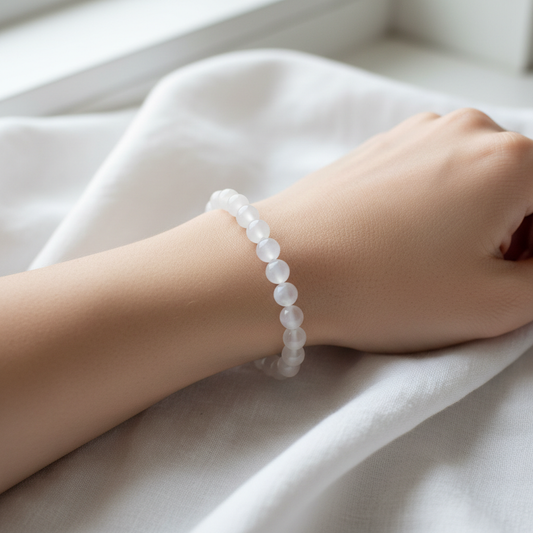 Selenite crystal bracelet worn on wrist - lifestyle shot