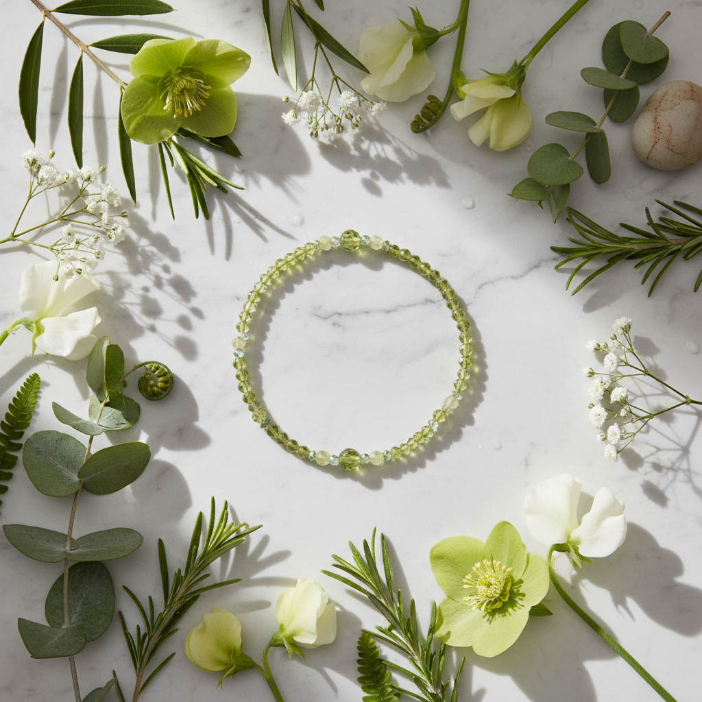 Peridot bracelet flat lay with green leaves