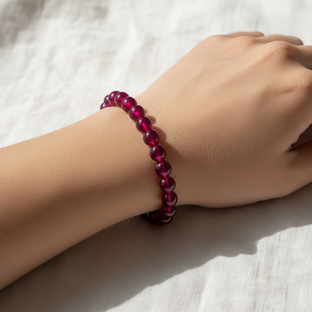 Ruby crystal bracelet worn on wrist - lifestyle shot