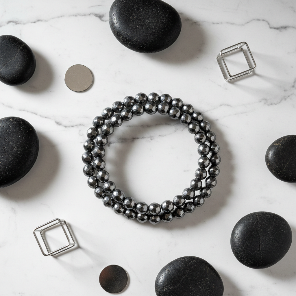 Hematite bracelet flat lay with black stones