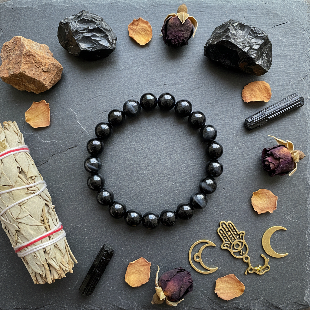 Black Agate crystal bracelet flat lay with natural elements and protective crystals
