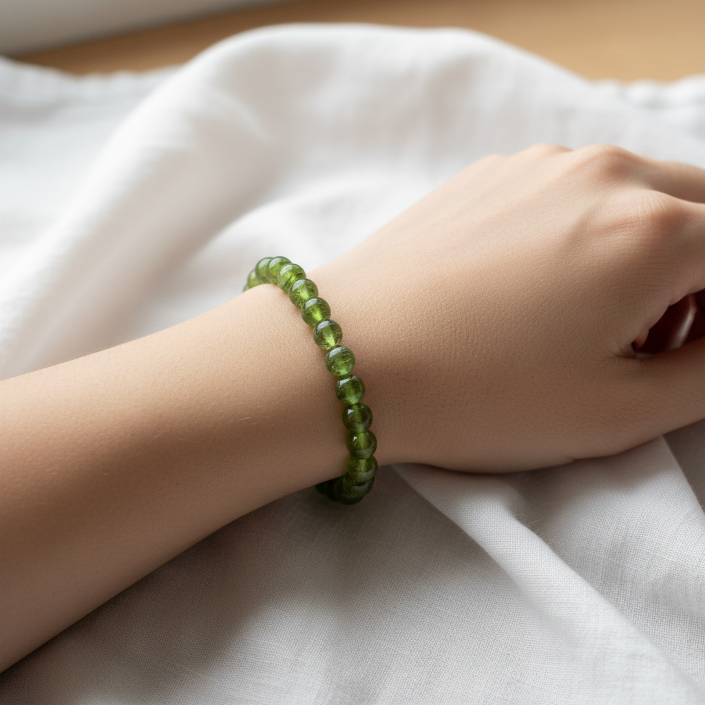 Peridot crystal bracelet worn on wrist - lifestyle shot
