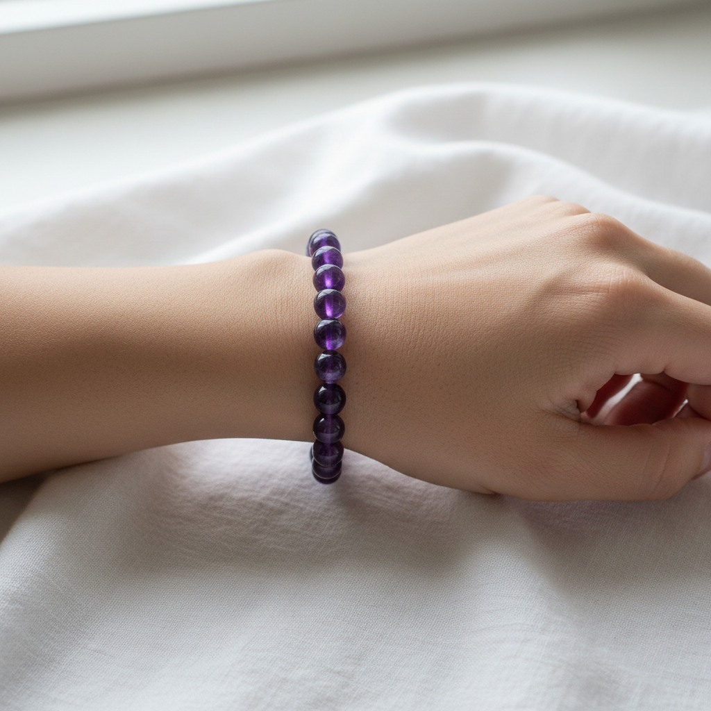 Amethyst crystal bracelet worn on wrist - lifestyle shot