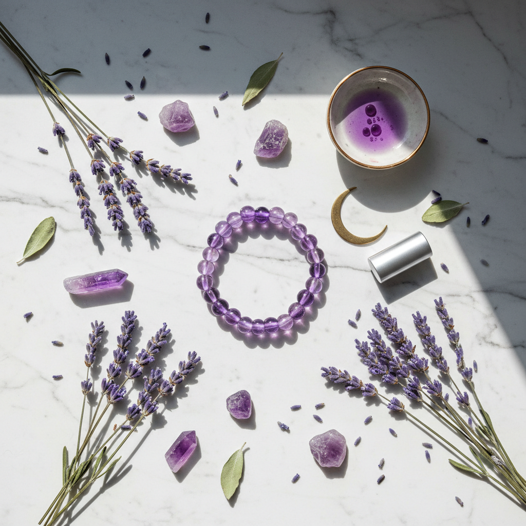 Amethyst bracelet flat lay with lavender and crystals