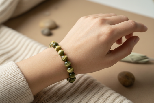 Woman wearing Cat's Eye crystal bracelet on wrist - lifestyle shot