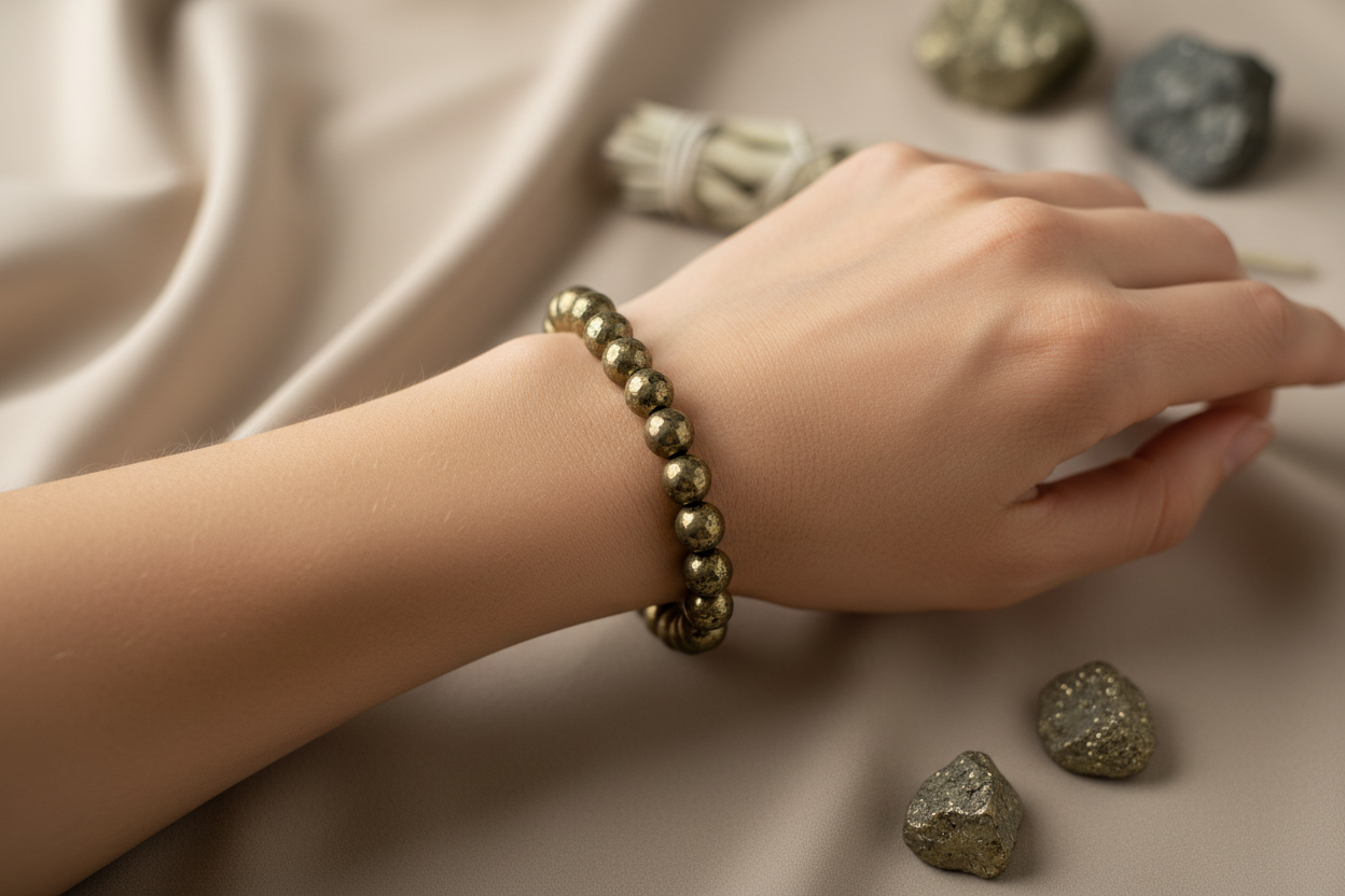 Woman wearing Golden Pyrite crystal bracelet on wrist - lifestyle shot
