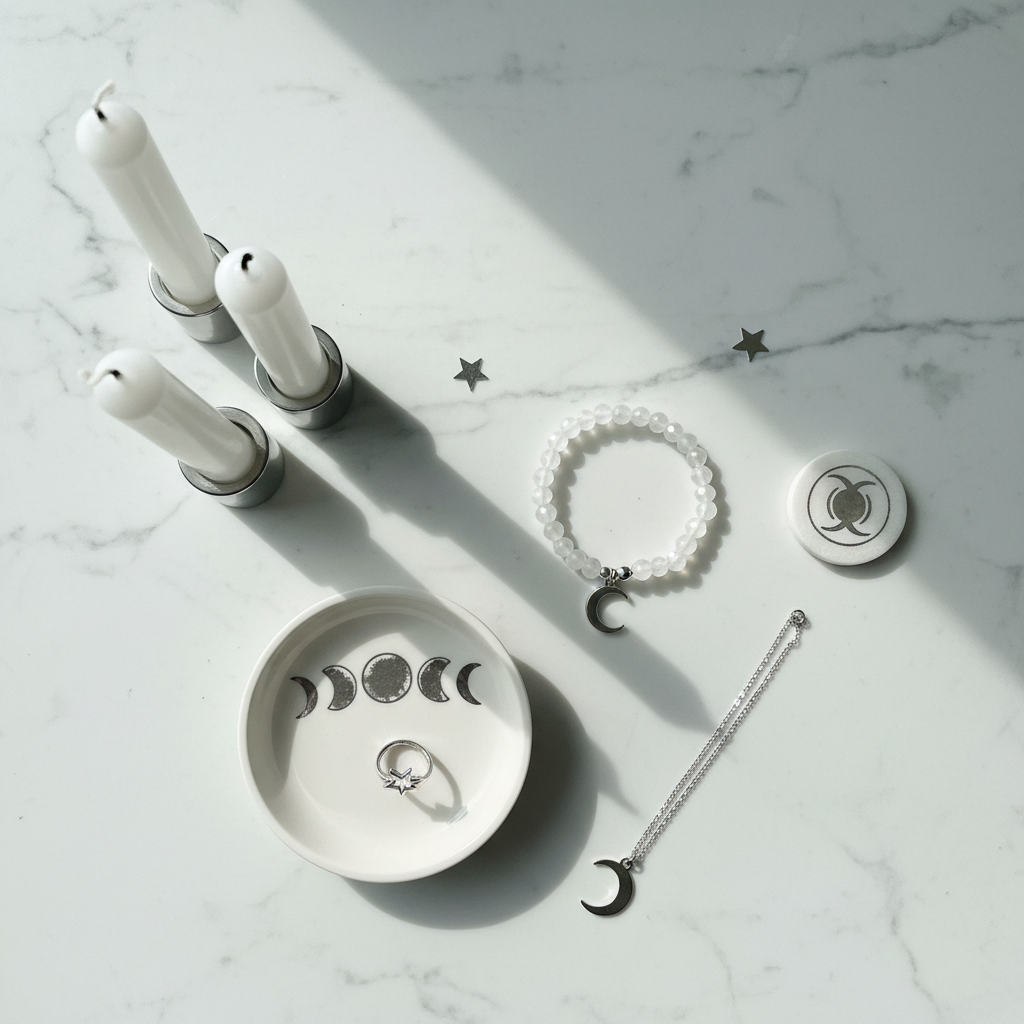 Selenite bracelet flat lay with moon and candles