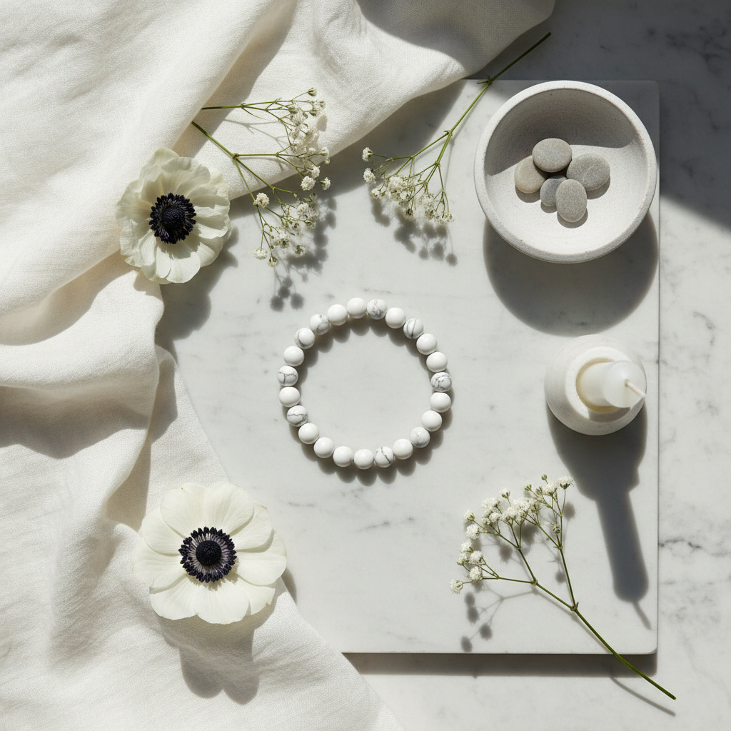 Howlite bracelet flat lay with white flowers