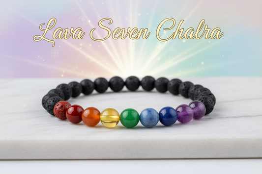 Lava Seven chakra one bracelet in 8mm round beads on marble flat stand with soft holistic background with Lava seven chakra written