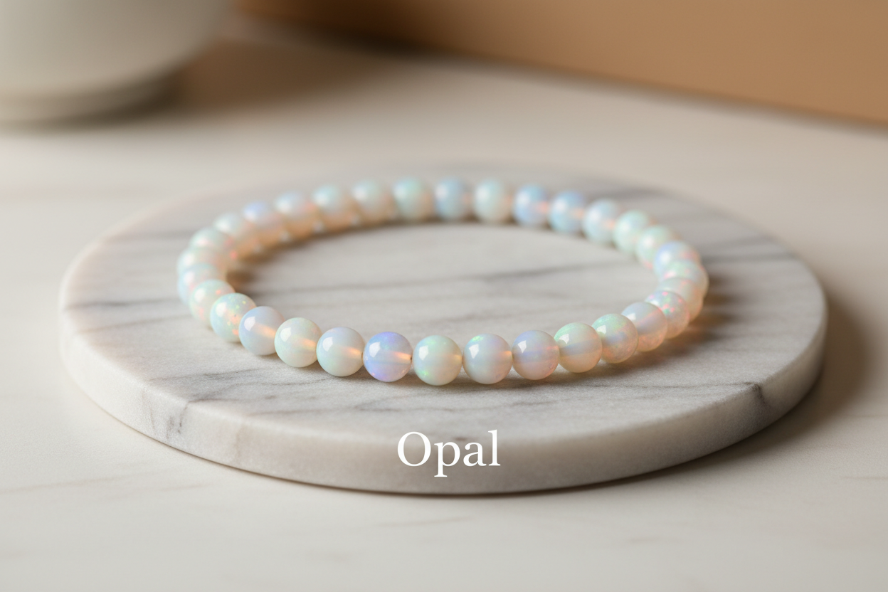 Opal one bracelet 8mm round beads on marble flat stand in the middle with holistic soft background with Opal written in the middle
