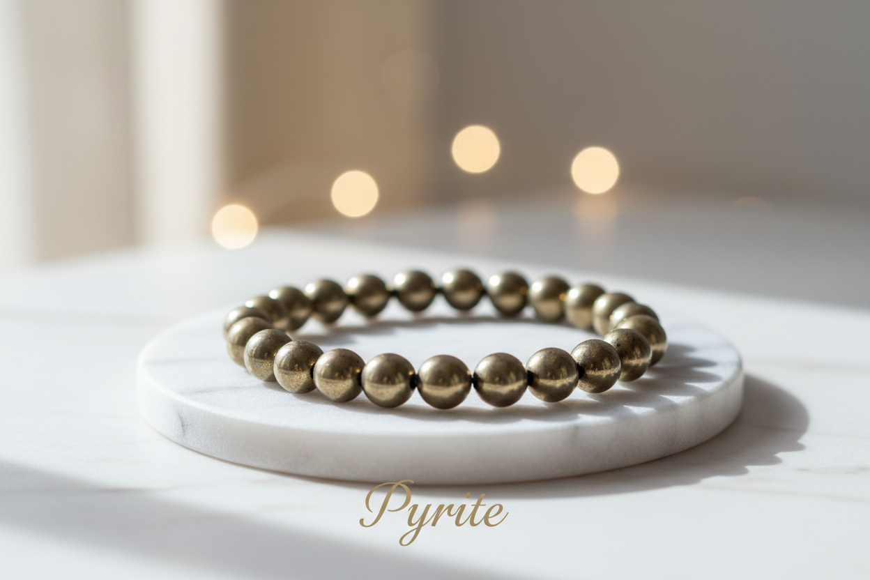 Pyrite single bracelet in 8mm round beads on marble flat stand with soft holistic background with Pyrite written