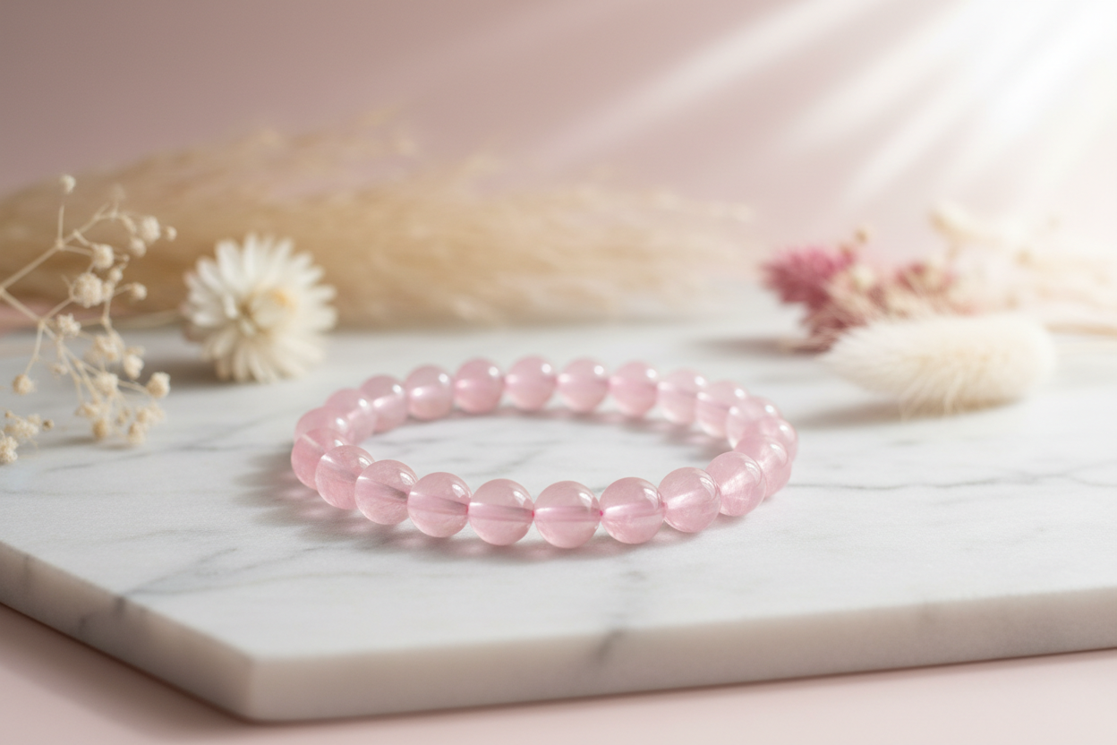 Rose quartz crystal bracelet 8mm round beads on marble flat stand in the middle with holistic soft background 