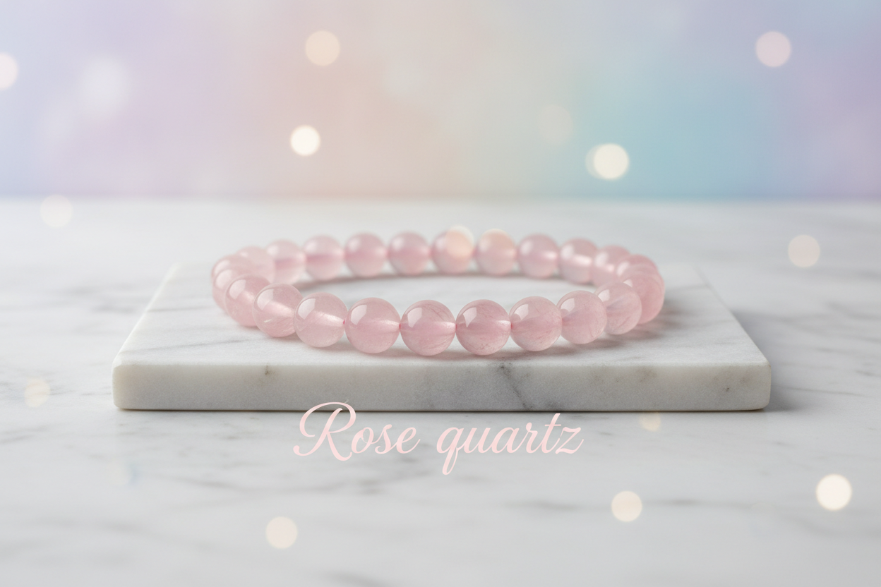 Rosequartz crystal single bracelet in 8mm round beads on marble flat stand with soft holistic background with Rose quartz written