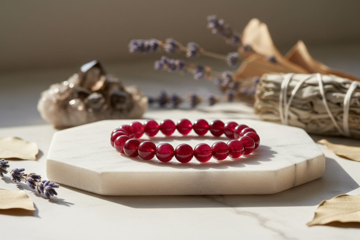 ruby 8mm beads one bracelet on marble flat stand with holistic background 