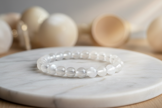 Selanite crystal bracelet 8mm round beads on marble flat stand in the middle with holistic soft background 