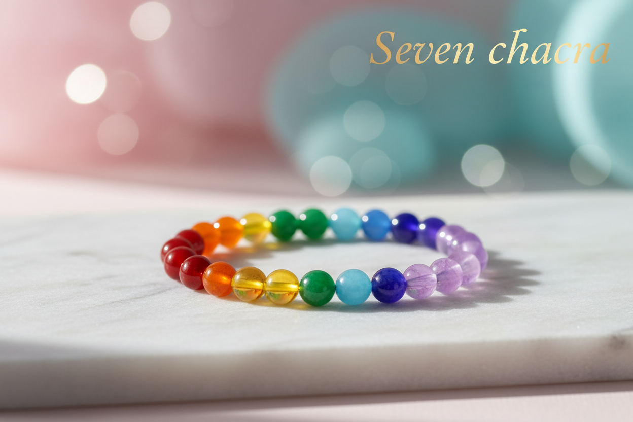 Sevenchakra single bracelet in 8mm round beads on marble flat stand with soft holistic background with Seven chakra written