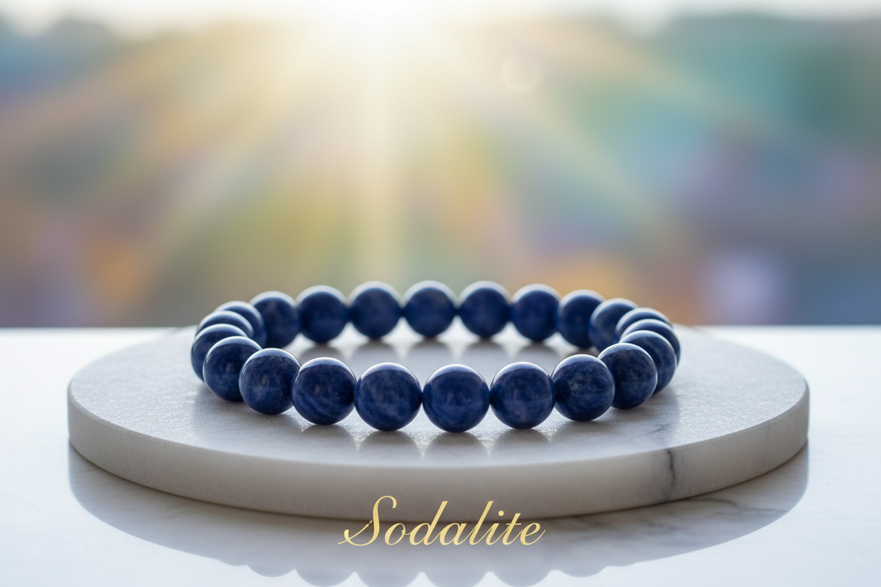 Sodelite bracelet 8mm round beads on marble flat stand in the middle with holistic soft background with sodelite written 